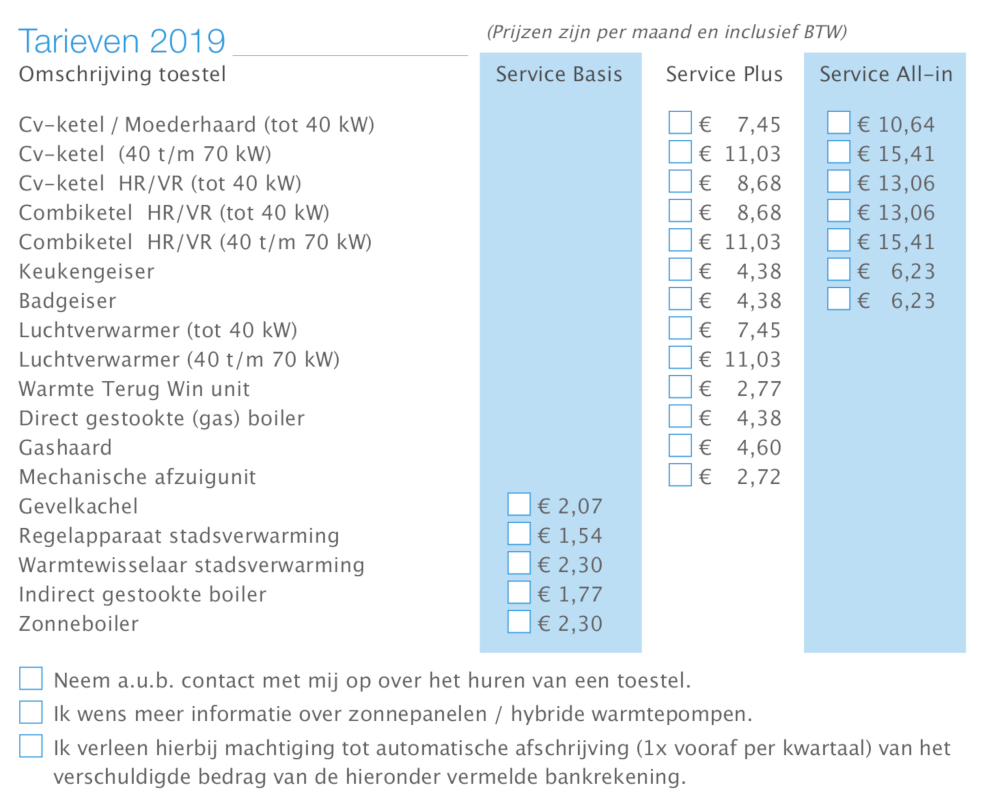 Tarieven 2019